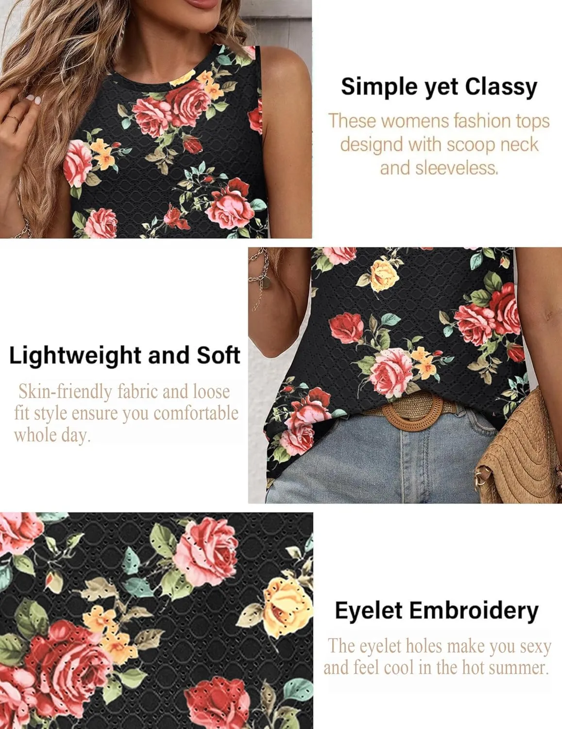 Zeagoo Tank Tops for Women Sleeveless Eyelet Shirts High Neck Cute Summer Top Loose Fit S-XXL