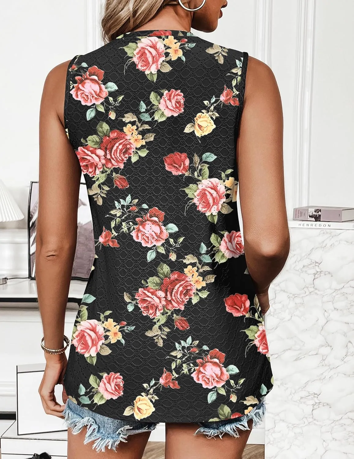 Zeagoo Tank Tops for Women Sleeveless Eyelet Shirts High Neck Cute Summer Top Loose Fit S-XXL
