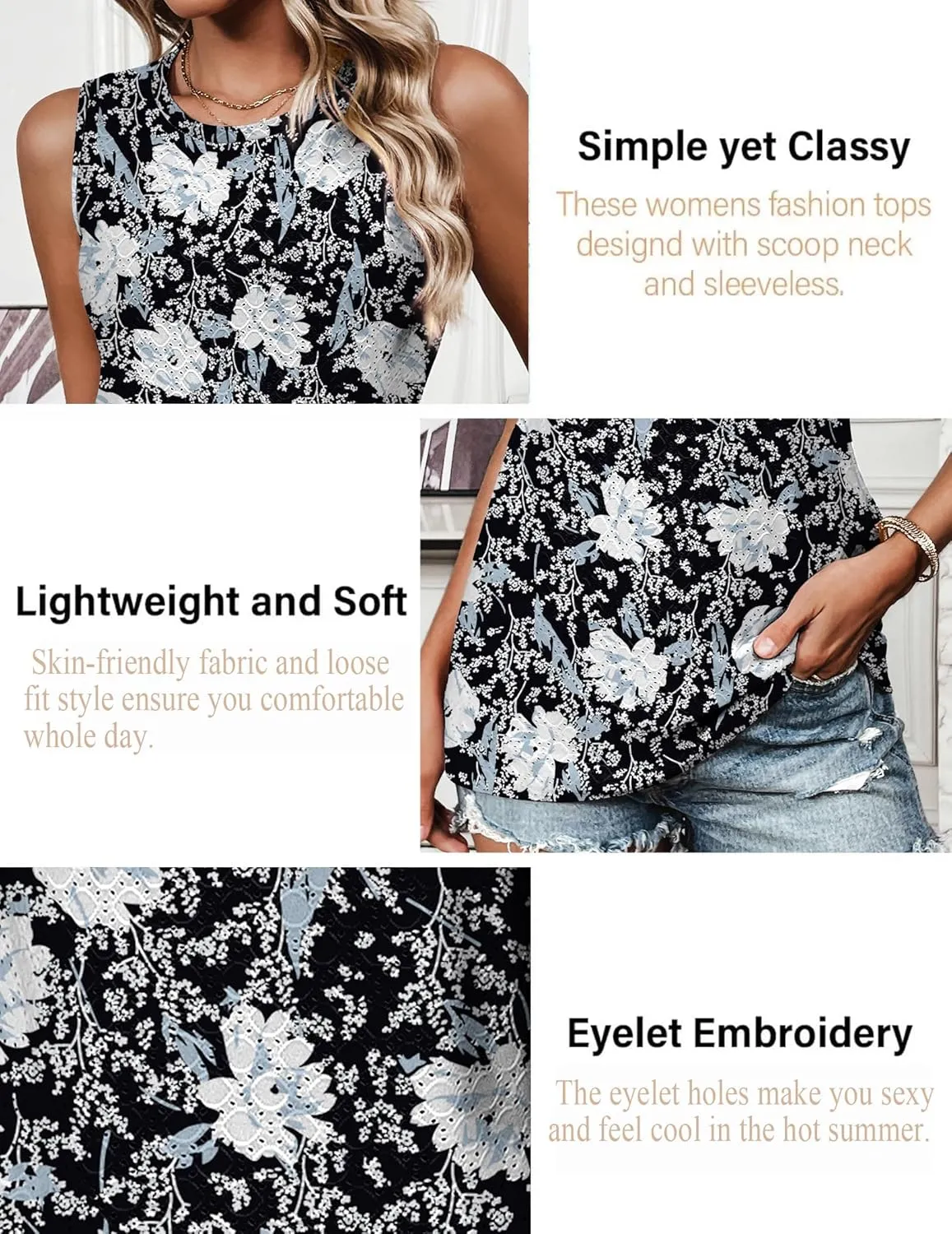 Zeagoo Tank Tops for Women Sleeveless Eyelet Shirts High Neck Cute Summer Top Loose Fit S-XXL