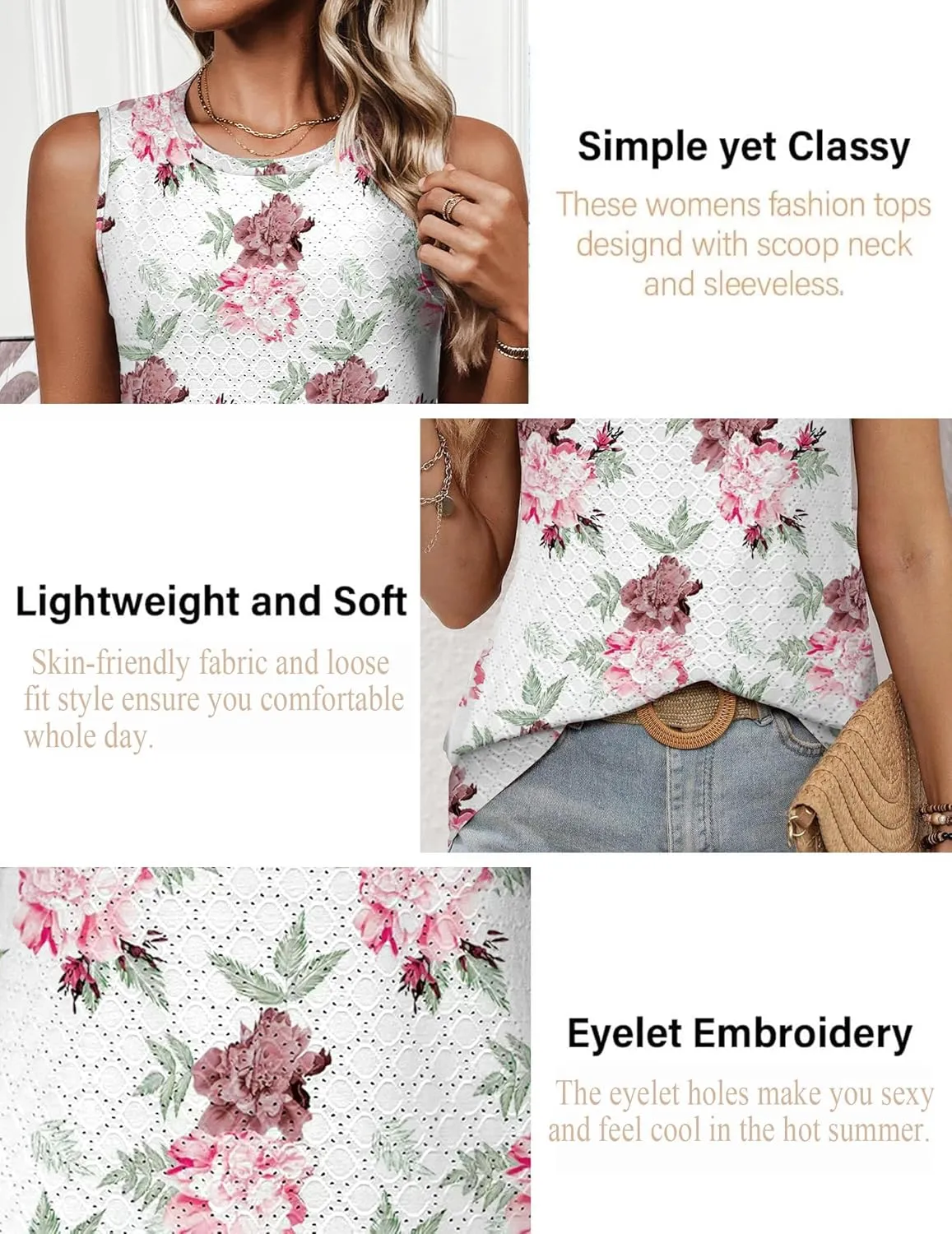 Zeagoo Tank Tops for Women Sleeveless Eyelet Shirts High Neck Cute Summer Top Loose Fit S-XXL