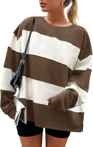 ZESICA Women's Fall Sweatshirt Tops Crewneck Long Sleeve Loose Oversized Striped Fleece Pullover 2025 Clothes