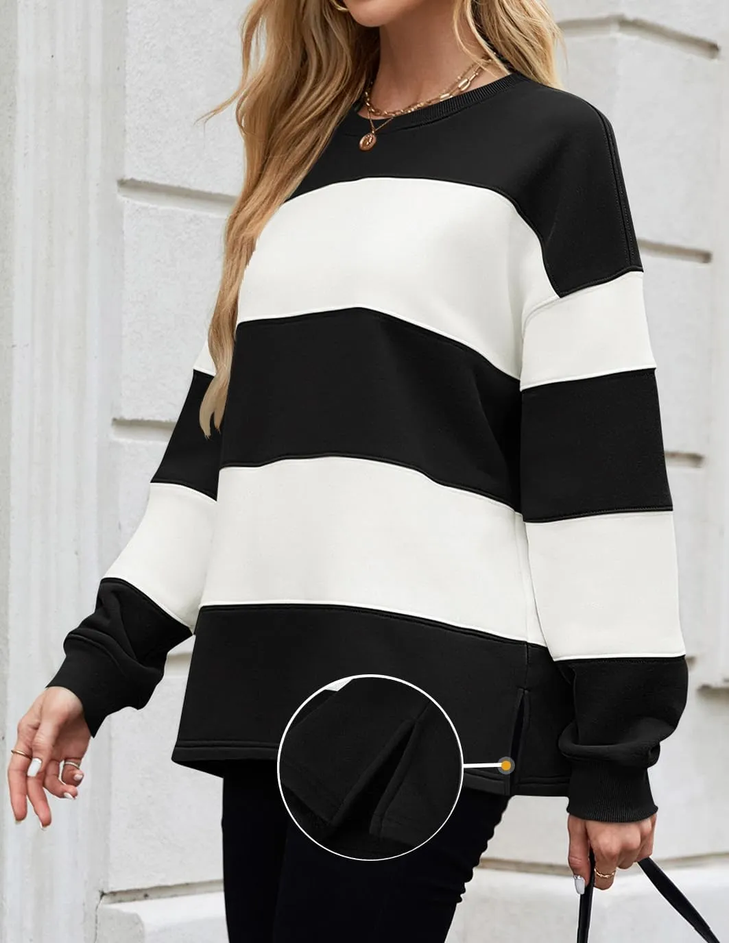 ZESICA Women's Fall Sweatshirt Tops Crewneck Long Sleeve Loose Oversized Striped Fleece Pullover 2025 Clothes