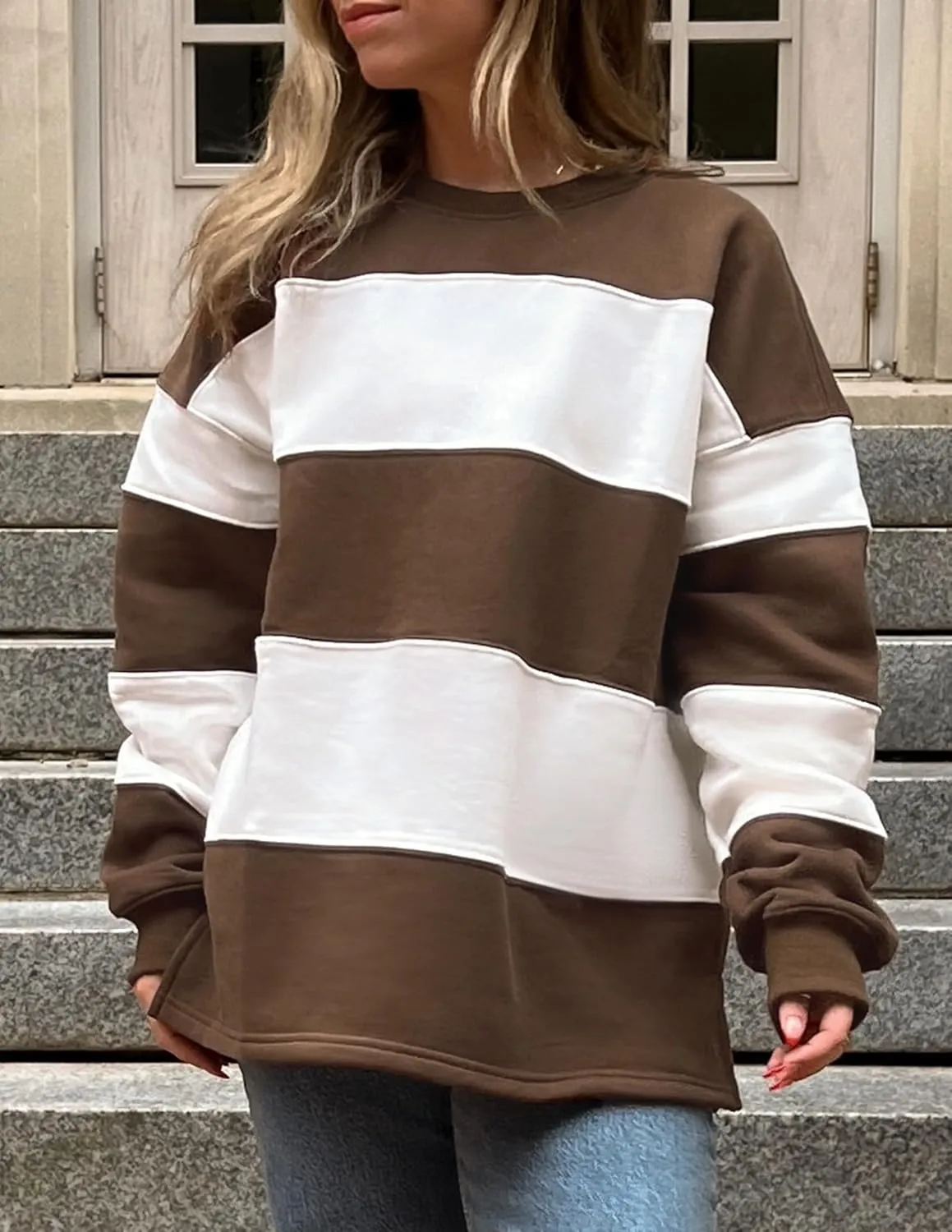 ZESICA Women's Fall Sweatshirt Tops Crewneck Long Sleeve Loose Oversized Striped Fleece Pullover 2025 Clothes