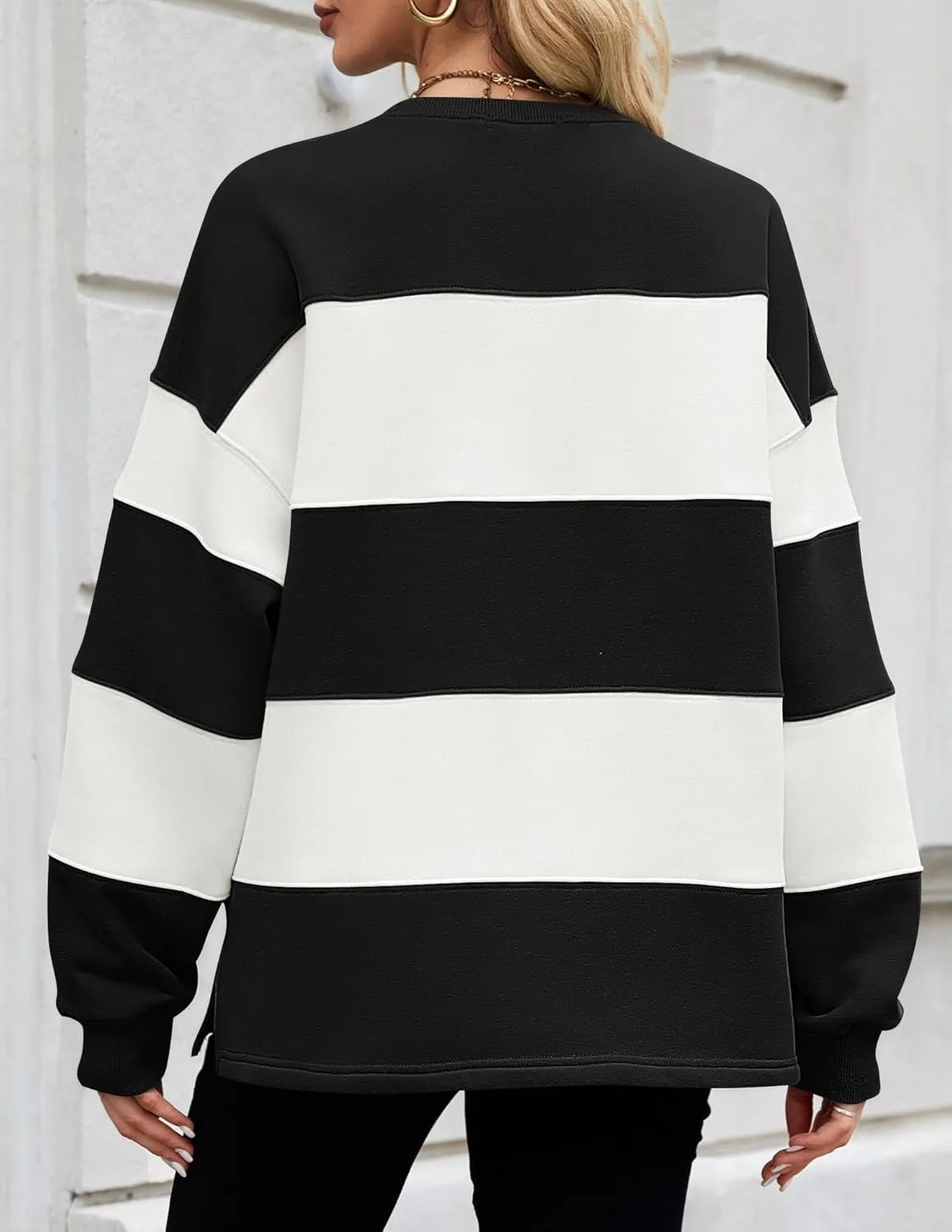 ZESICA Women's Fall Sweatshirt Tops Crewneck Long Sleeve Loose Oversized Striped Fleece Pullover 2025 Clothes