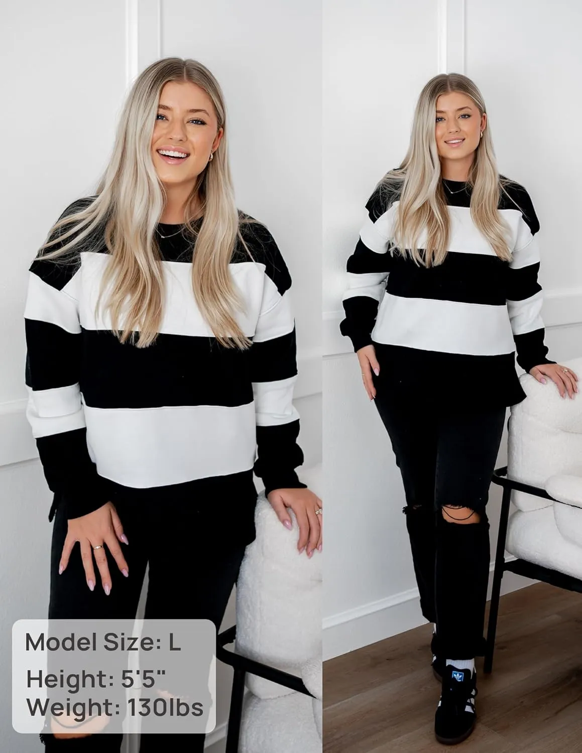 ZESICA Women's Fall Sweatshirt Tops Crewneck Long Sleeve Loose Oversized Striped Fleece Pullover 2025 Clothes