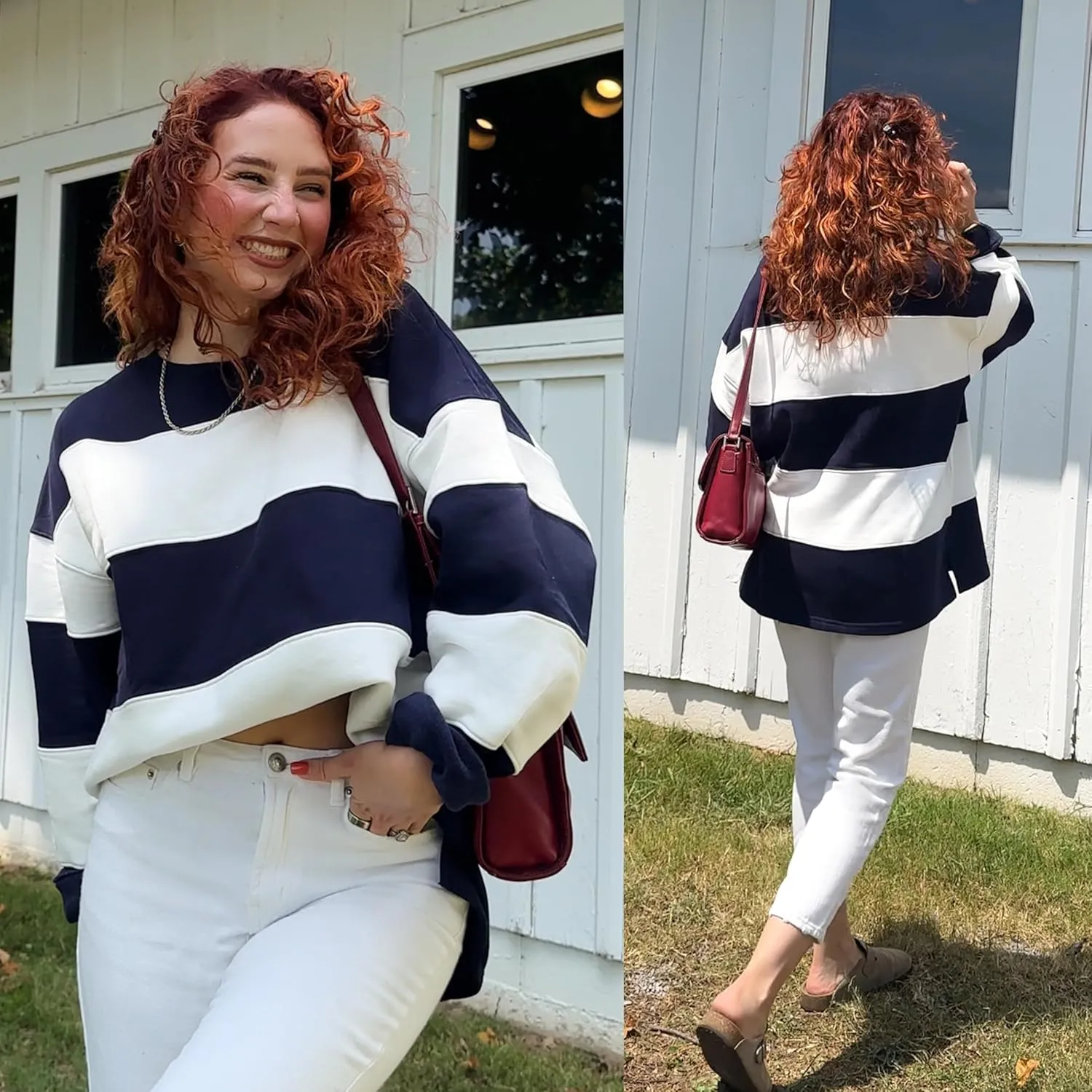 ZESICA Women's Fall Sweatshirt Tops Crewneck Long Sleeve Loose Oversized Striped Fleece Pullover 2025 Clothes