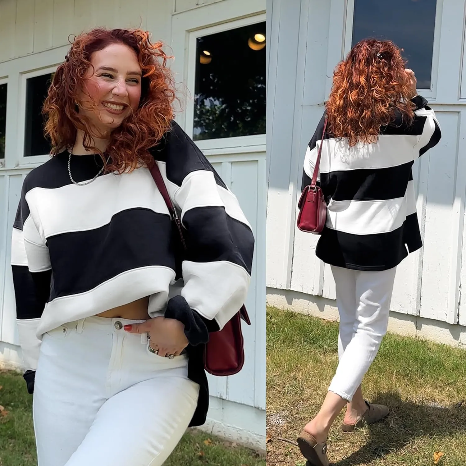 ZESICA Women's Fall Sweatshirt Tops Crewneck Long Sleeve Loose Oversized Striped Fleece Pullover 2025 Clothes