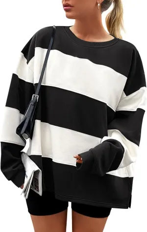 ZESICA Women's Fall Sweatshirt Tops Crewneck Long Sleeve Loose Oversized Striped Fleece Pullover 2025 Clothes