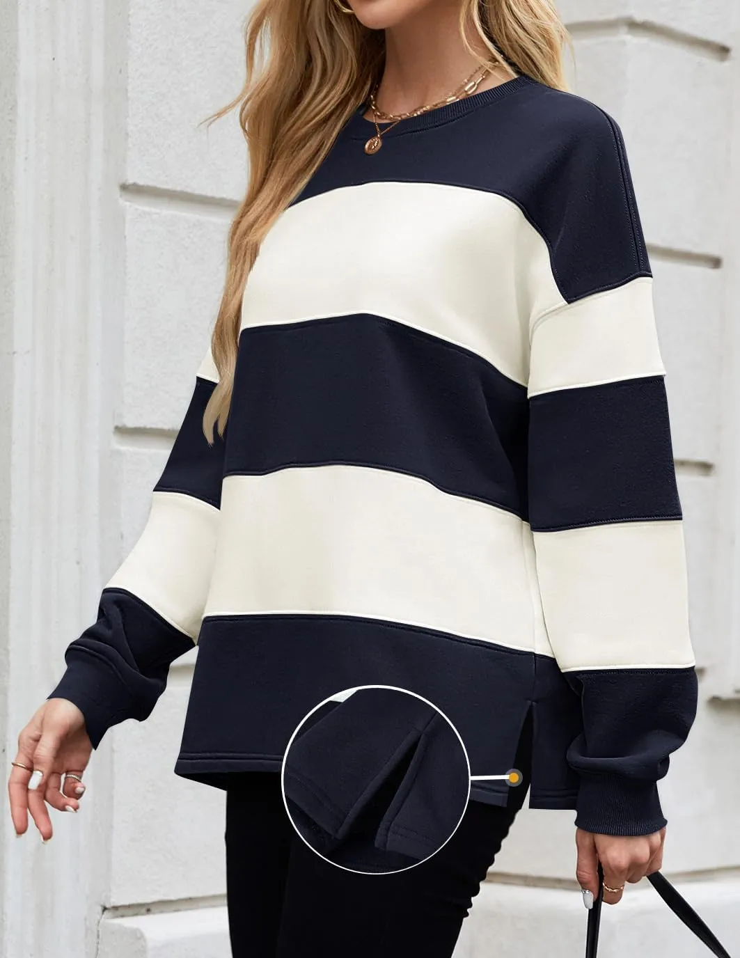 ZESICA Women's Fall Sweatshirt Tops Crewneck Long Sleeve Loose Oversized Striped Fleece Pullover 2025 Clothes