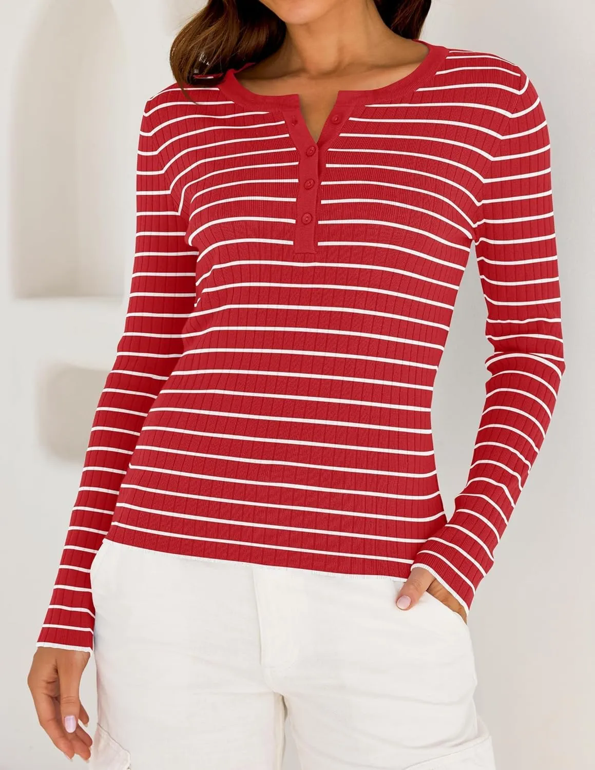 ZESICA Womens Long Sleeve Striped Shirts V Neck Button Up Sweater Casual Loose Basic Tops Trendy Spring Clothes