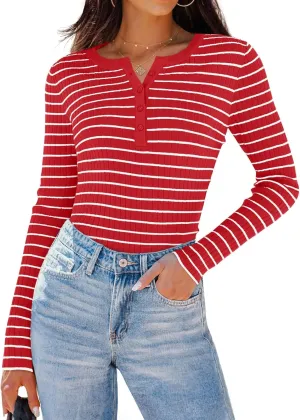 ZESICA Womens Long Sleeve Striped Shirts V Neck Button Up Sweater Casual Loose Basic Tops Trendy Spring Clothes