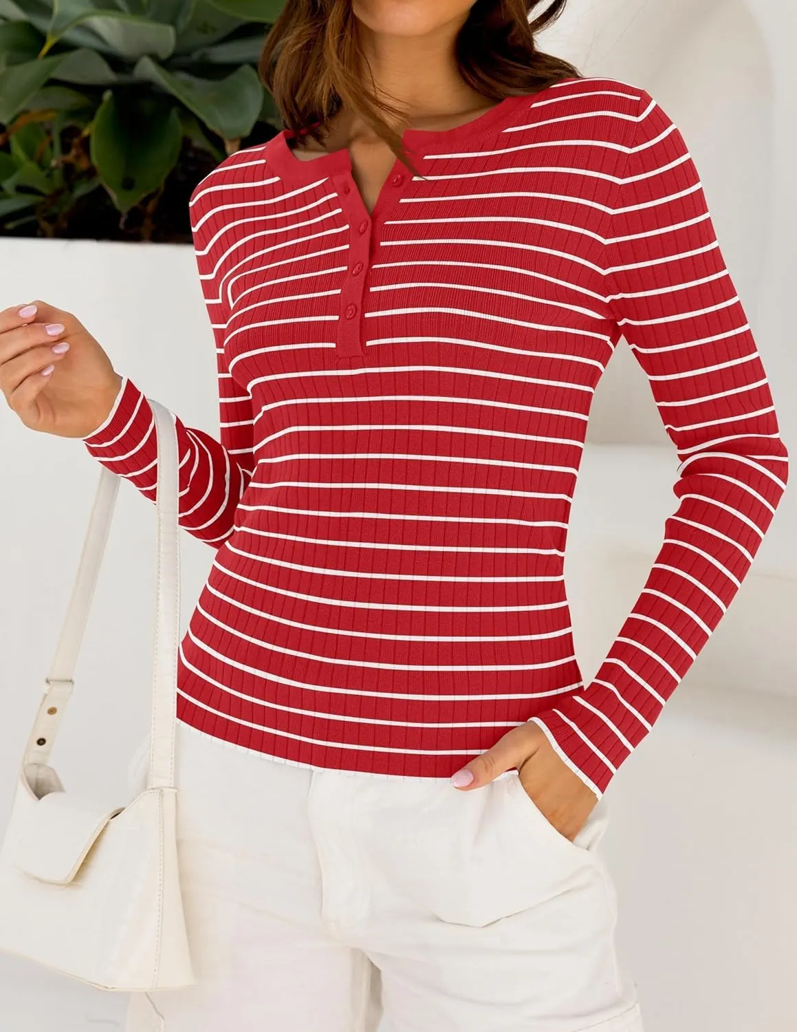 ZESICA Womens Long Sleeve Striped Shirts V Neck Button Up Sweater Casual Loose Basic Tops Trendy Spring Clothes