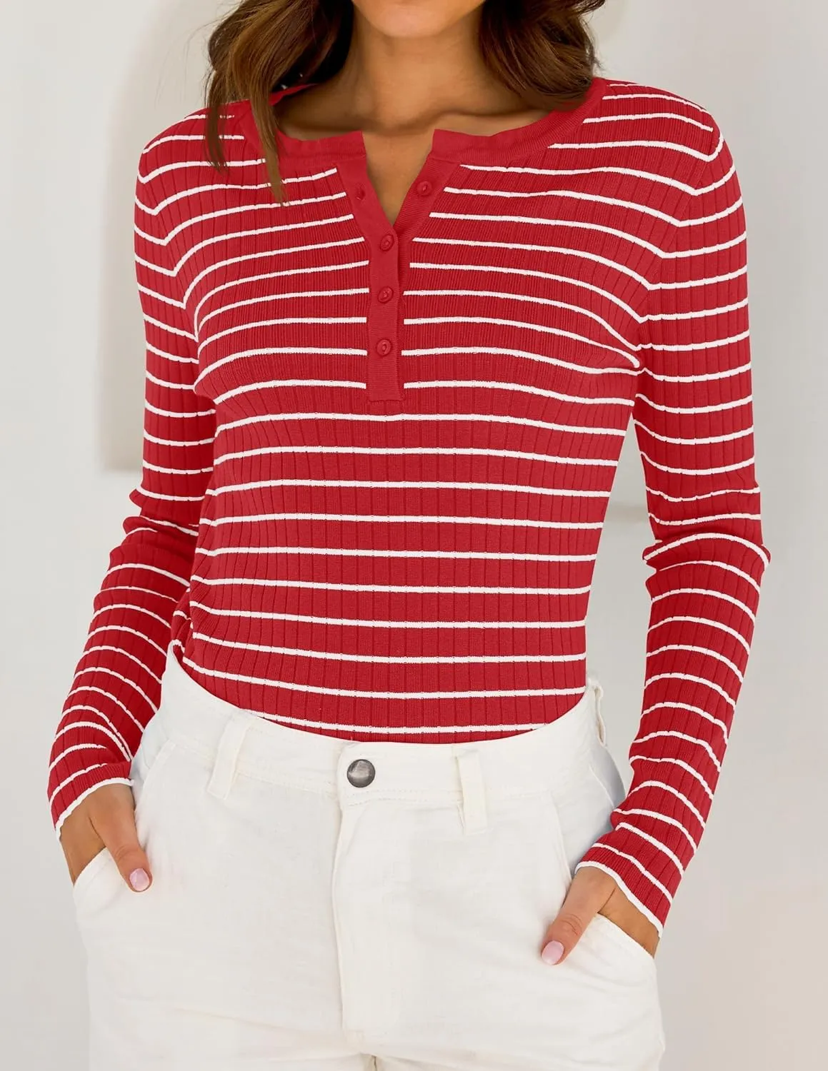ZESICA Womens Long Sleeve Striped Shirts V Neck Button Up Sweater Casual Loose Basic Tops Trendy Spring Clothes