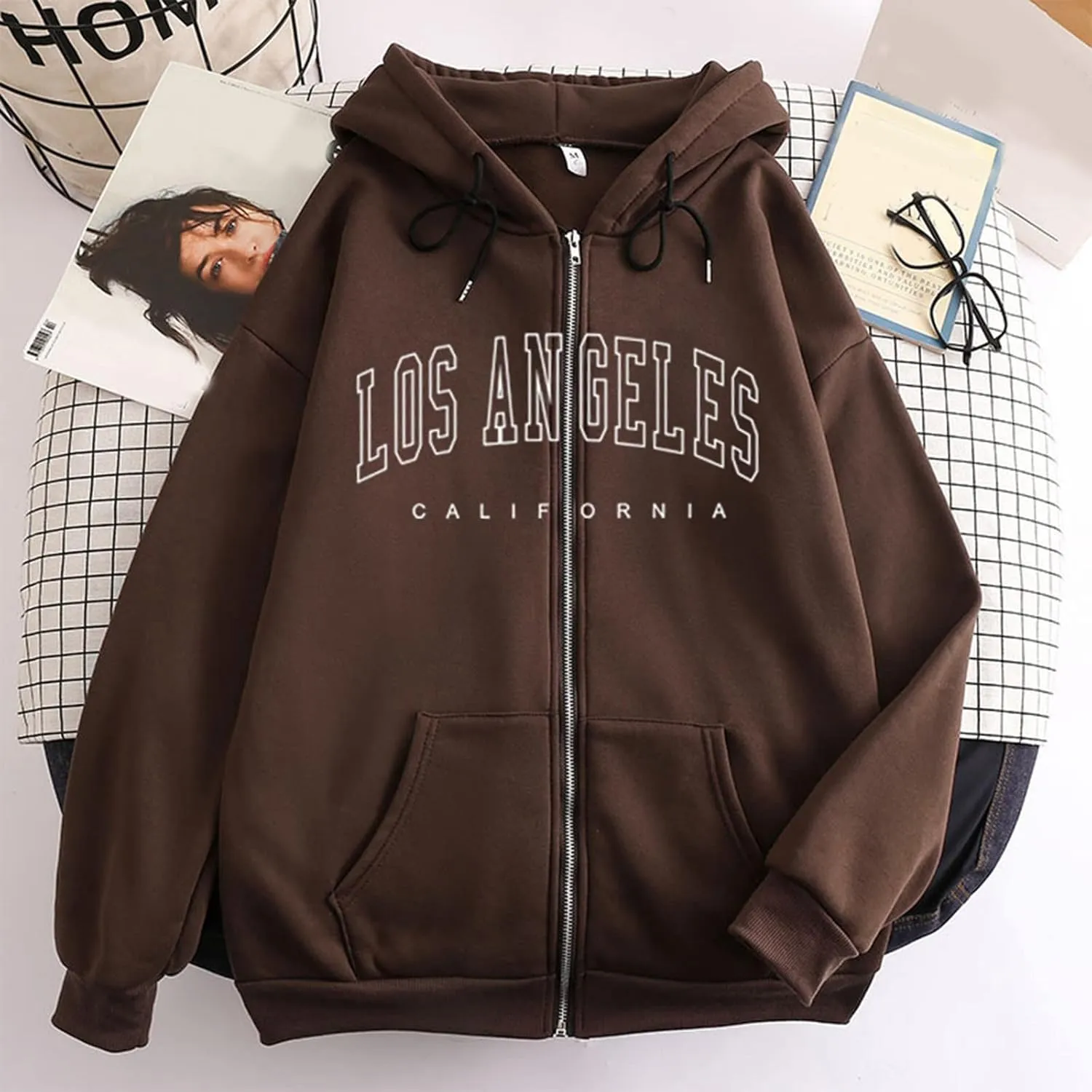 Zip Up Hoodies for Teen Girls Los Angeles Sweatshirt with Hood Full Zipper Hoodies Pullover Long Sleeve Tops with Pockets
