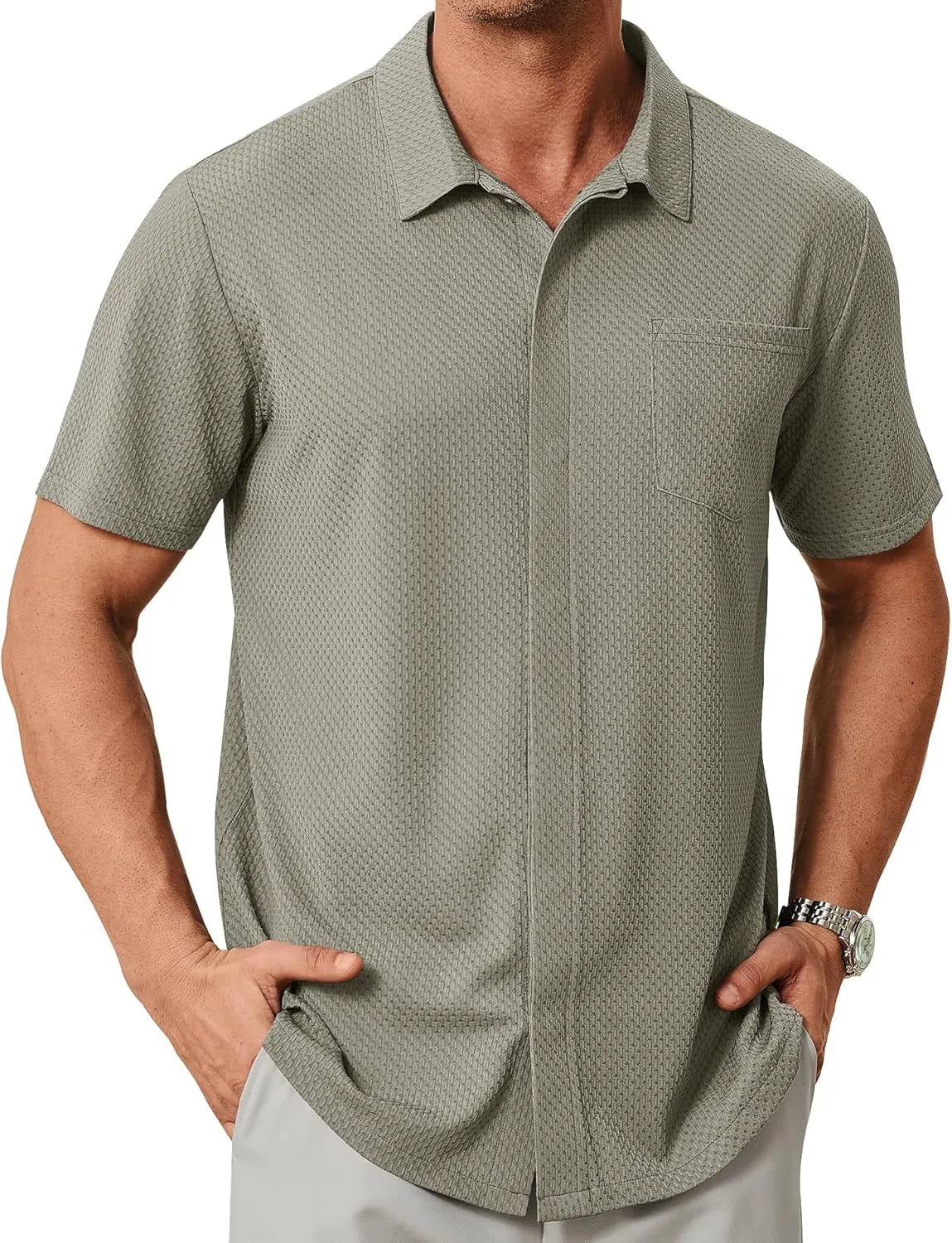ZITY Mens Casual Hawaiian Beach Vacation Summer Shirt Button Down Short Sleeve Textured Shirts