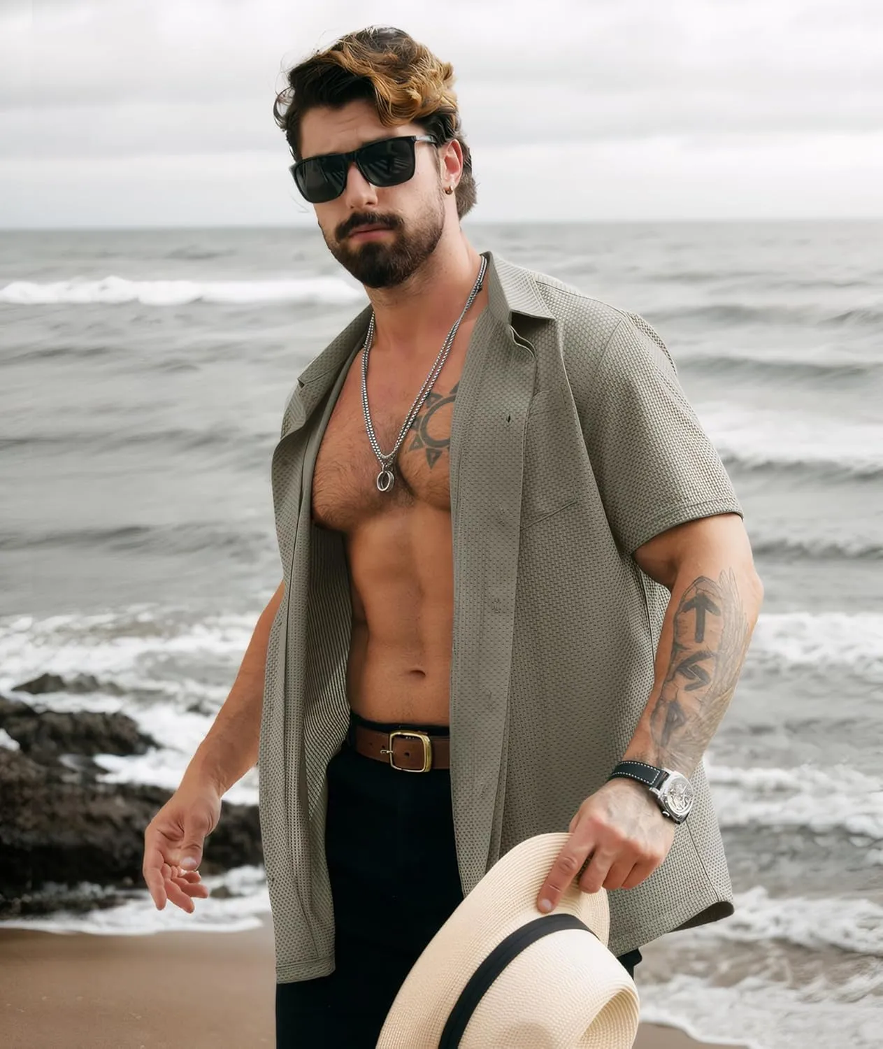 ZITY Mens Casual Hawaiian Beach Vacation Summer Shirt Button Down Short Sleeve Textured Shirts
