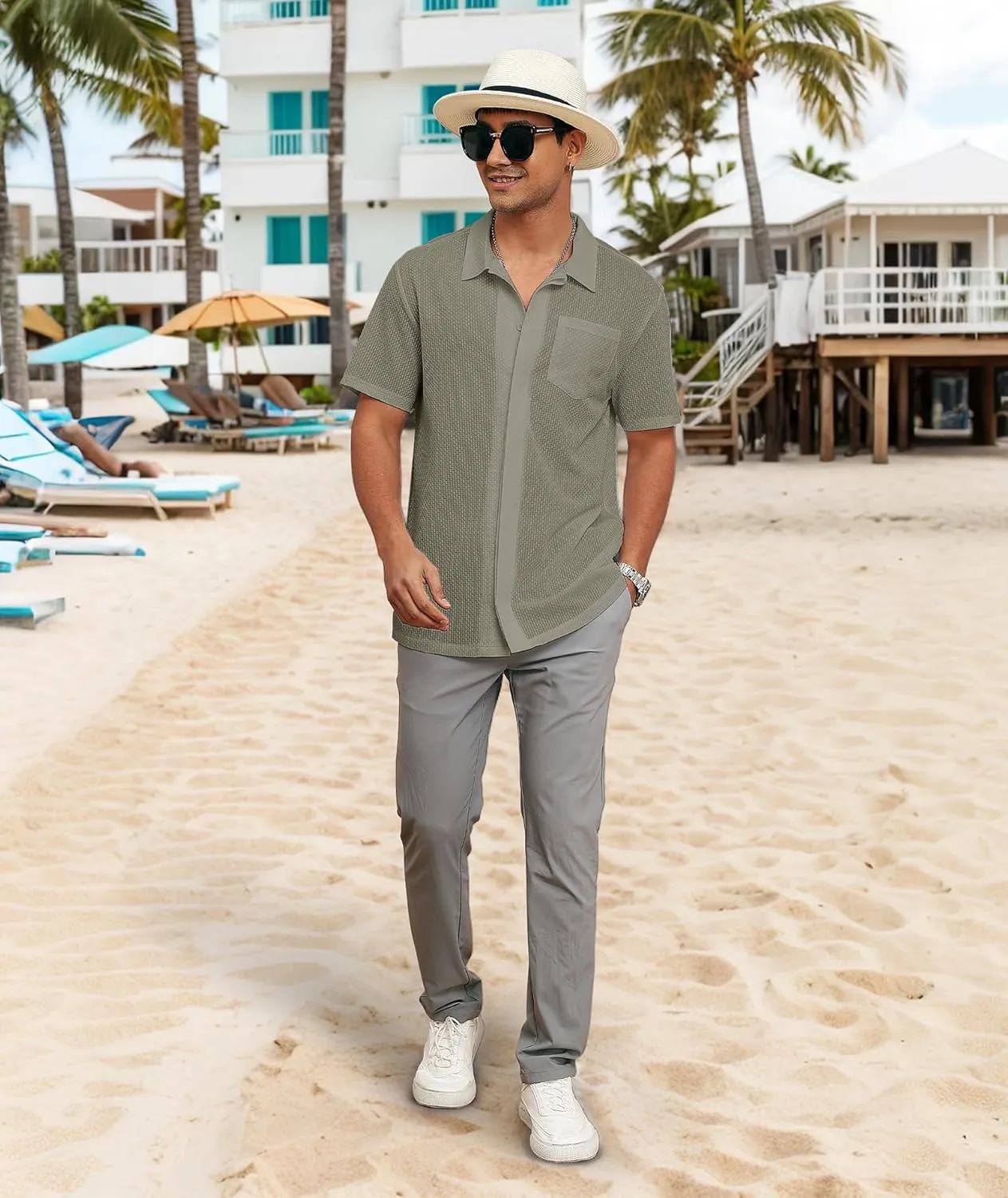 ZITY Mens Casual Hawaiian Beach Vacation Summer Shirt Button Down Short Sleeve Textured Shirts