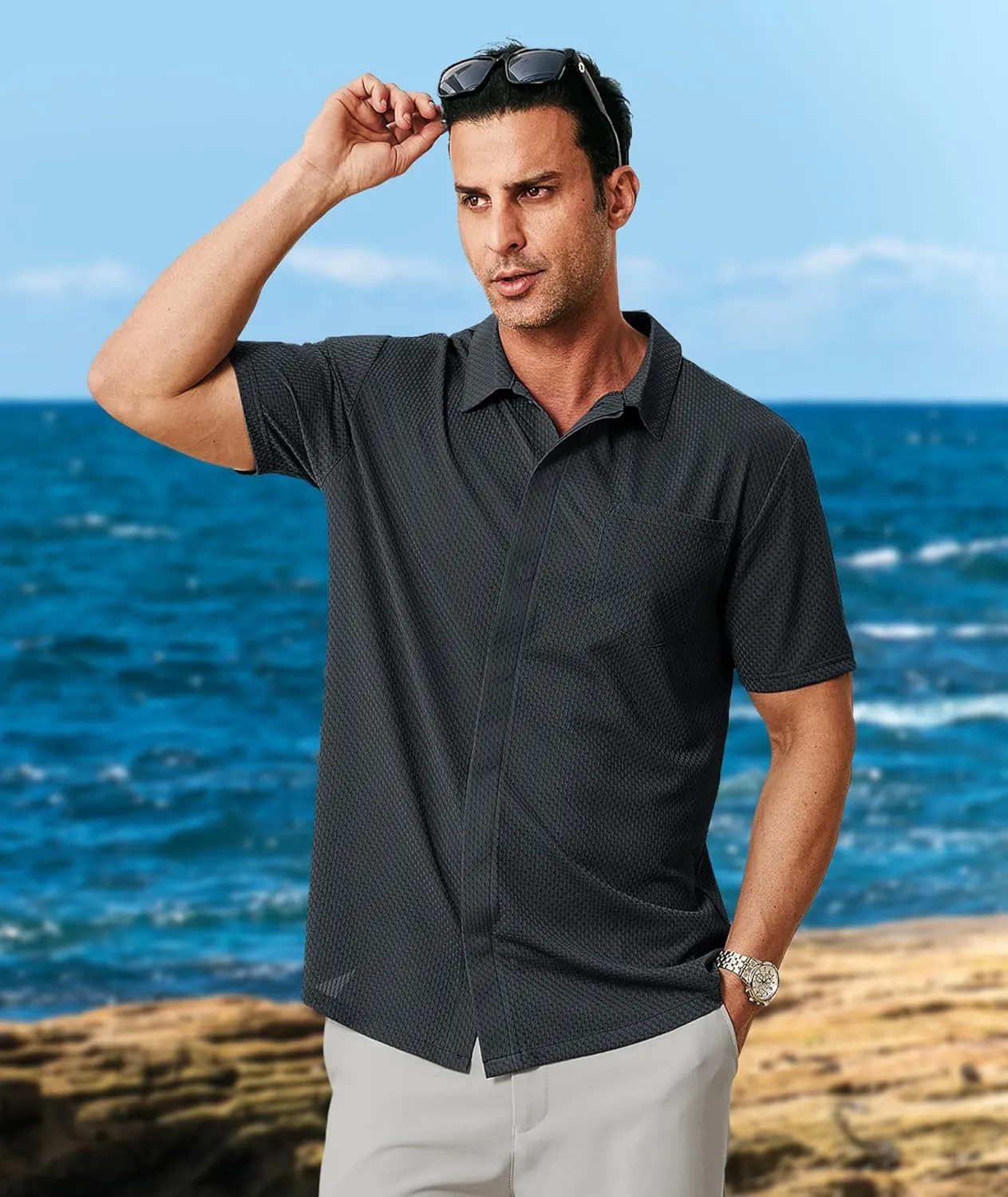 ZITY Mens Casual Hawaiian Beach Vacation Summer Shirt Button Down Short Sleeve Textured Shirts