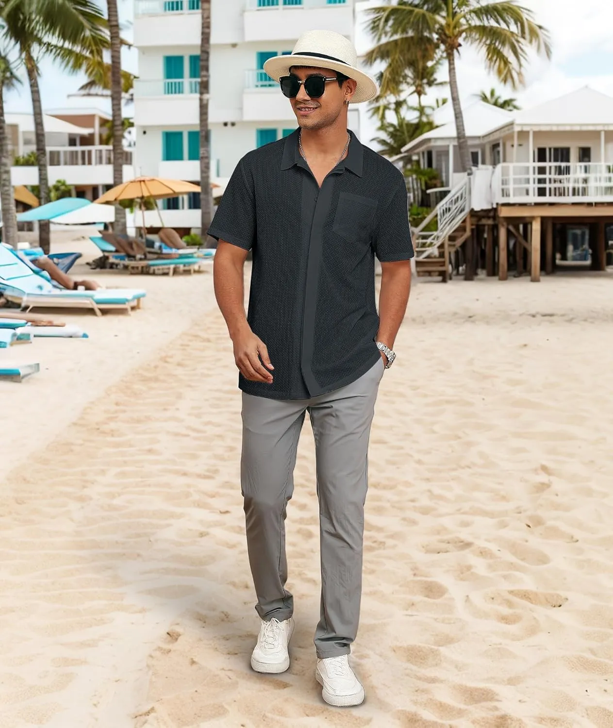 ZITY Mens Casual Hawaiian Beach Vacation Summer Shirt Button Down Short Sleeve Textured Shirts
