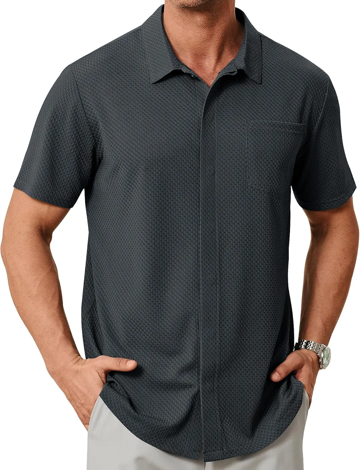 ZITY Mens Casual Hawaiian Beach Vacation Summer Shirt Button Down Short Sleeve Textured Shirts